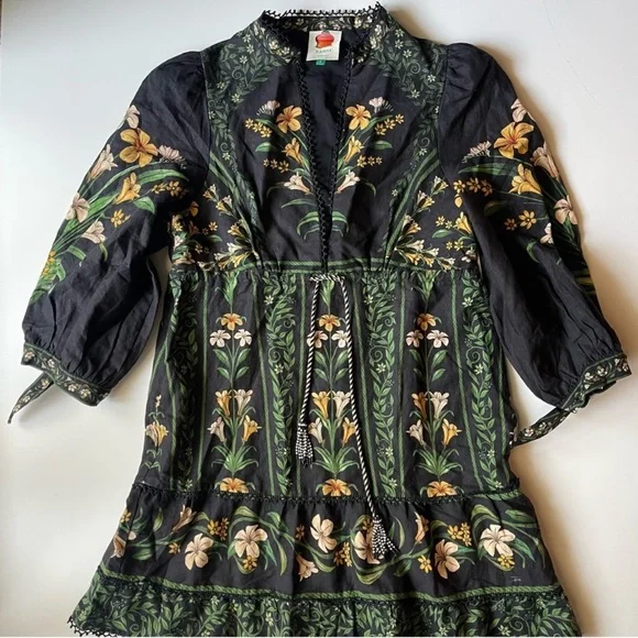 NEW FARM RIO Flower Arch Linen Blend Minidress black green long sleeve size  S Women